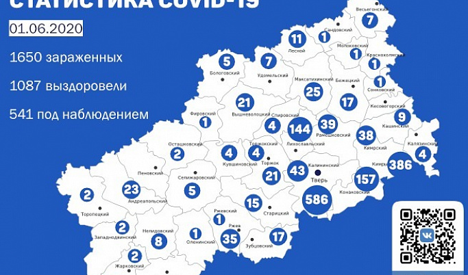 1 июня: карта распространения коронавируса в Тверской области