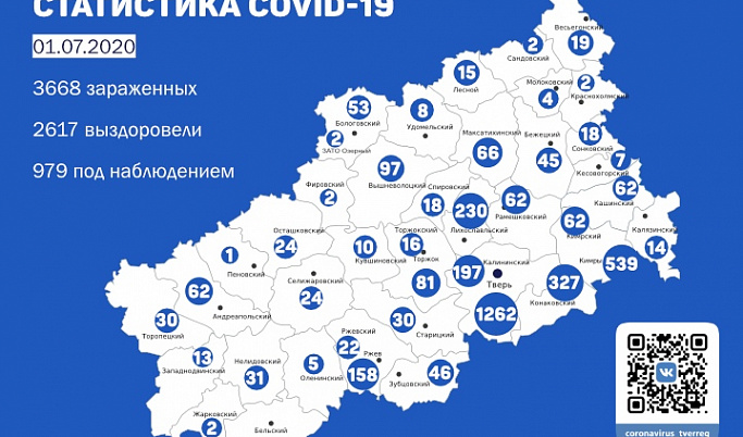 Опубликована карта распространения коронавируса в Тверской области на 1 июля