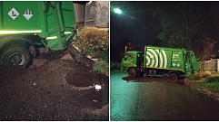 На улице Карпинского в Твери мусоровоз провалился в яму