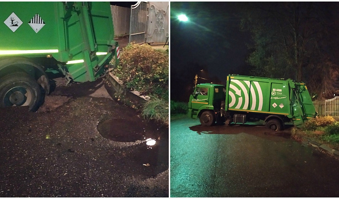 На улице Карпинского в Твери мусоровоз провалился в яму